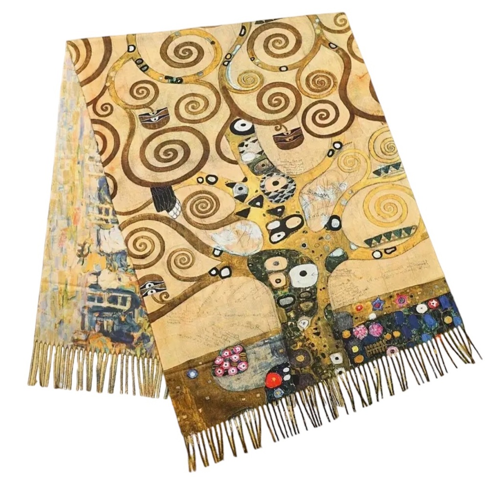 Gustav Klimt “Tree of Life” Gardens Double Sided Faux Cashmere Scarf w Fringe